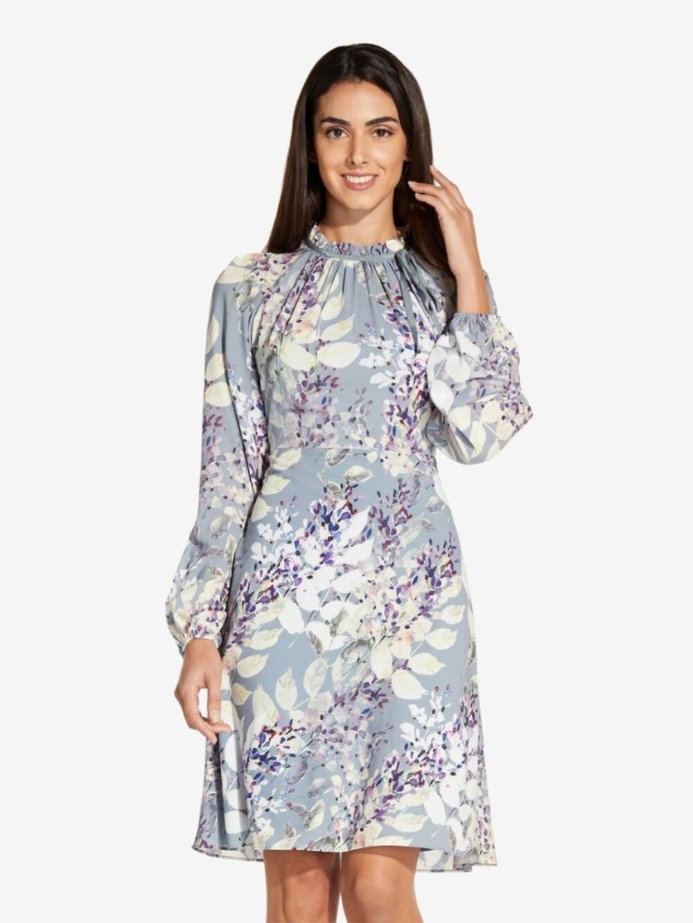 Adrianna Papell Long Sleeve Blue/Multi Watercolor Floral Short Bias Dress Size 2